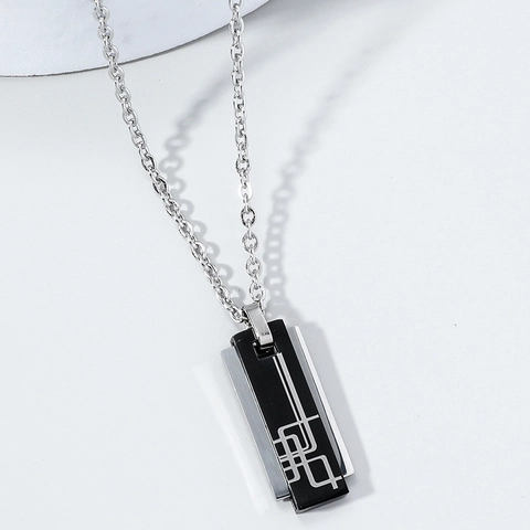 Men Necklace Stainless Steel Alloy Geometric Rectangle Pendant Double Layered Black Silver Minimalist Style Jewelry