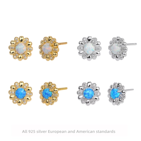 Daisy Flower Stud Earrings With 925 Sterling Silver Earring Post Synthetic Opal Cubic Zirconia Sweet Minimalist Jewelry
