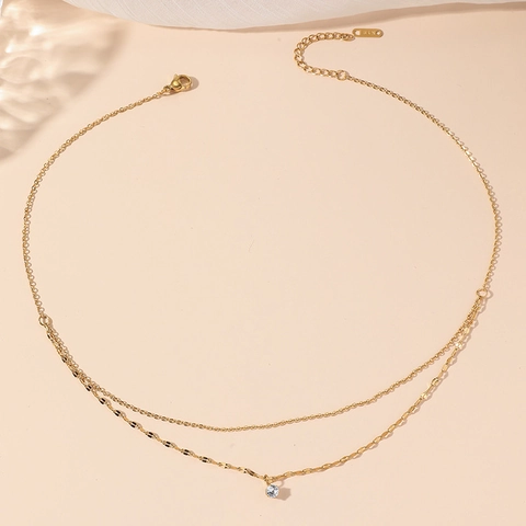 Double Layer Necklace 304 Stainless Steel 18K Gold Plated Round AAA Zircon Pendant Clavicle Chain For Women Minimalist Jewelry