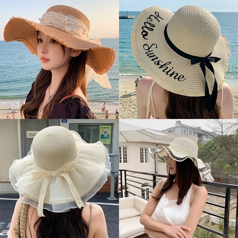 Sombrero De Paja Para Mujer Sombrero De Sol Ala Ancha Paja De Papel Lazo De Encaje Perla Artificial Playa Vacaciones Protección Solar Elegante
