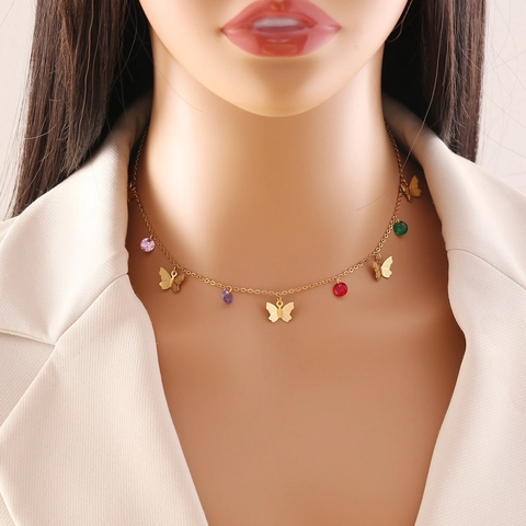 Double Layer Stainless Steel Necklace For Women Gold Plated Star Butterfly Evil Eye Crystal Beads Pendant Jewelry