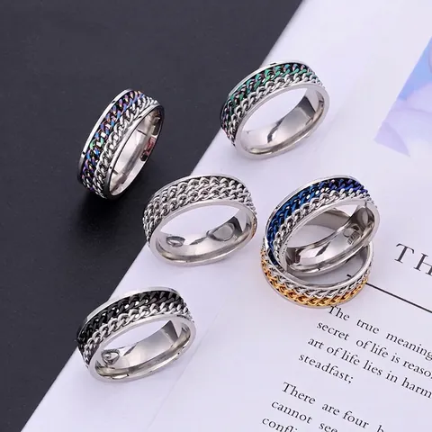 Rotatable Chain Spinner Ring Stainless Steel Stress Relief Anxiety Finger Jewelry Punk Industrial Style For Men Women