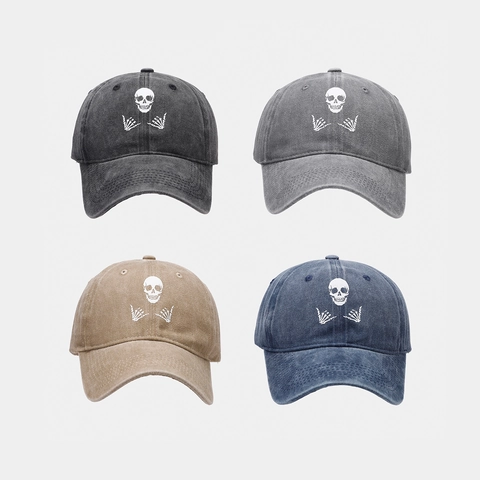 Casquette Baseball En Coton Lavé Avec Imprimé Crâne Doigt Streetwear Retro Vintage Distressed Chapeau Soleil Réglable