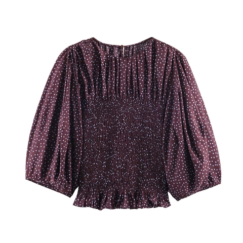 Polka Dot Damen Bluse Polyester Ballonärmel Gesmokte Taille Rundhalsausschnitt Lässiges Elegantes Oberteil