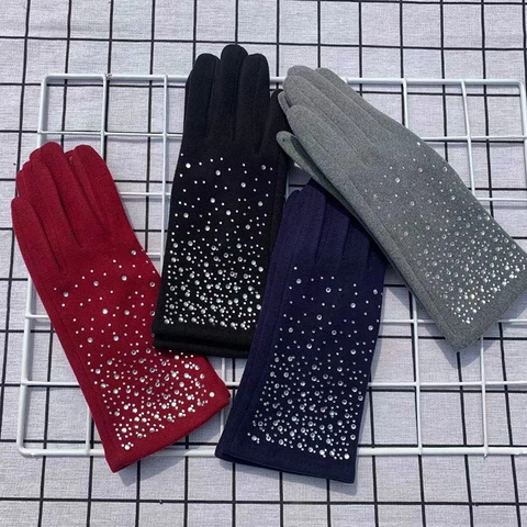 Women Winter Thermal Dralon Gloves Thick Fleece Lined Touchscreen Gloves With Rhinestone Stardust Pattern Outdoor Riding
