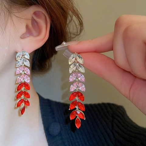 Elegant Gradient Rhinestone Leaf Tassel Dangle Earrings With 925 Sterling Silver Earring Post Wheat Ear Style For Women
