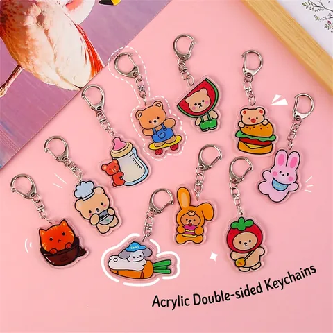 Portachiavi In Acrilico Cartone Animato Carino Doppia Faccia Trasparente Animale Orso Coniglio Gatto Per Decorazione Borsa Kawaii Regalo