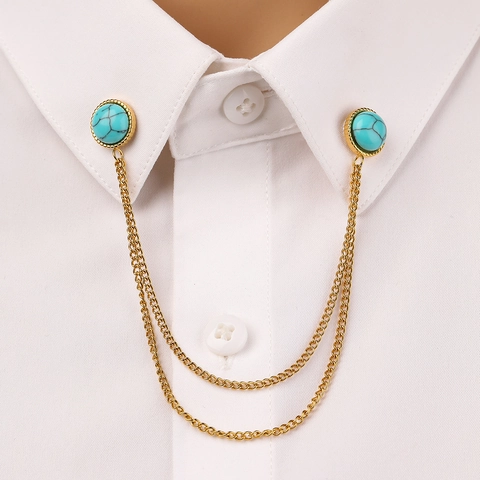 Spilla da Colletto in Acciaio Inossidabile con Turchese e Doppia Catena Oro Placcato Ovale Geometrica per Camicia Donna