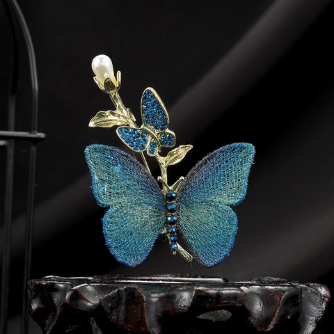 Eleganter Blau Schmetterling Brosche Im Neuen Chinesischen Stil Für Damen Legierung Kunstparel Strass Vintage Anstecknadel