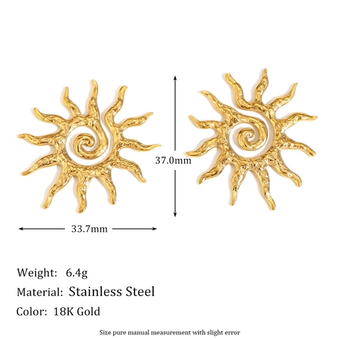 Sun Stud Earrings Stainless Steel 18K Gold Plated Spiral Sunburst Hammered Texture Geometric Vintage Boho For Women