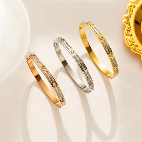 Stainless Steel Bangle Double Row Zircon Round Motif Hinge Bracelet Fashion Jewelry For Women