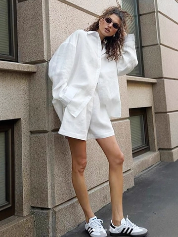 Dames Linnenmix Shirt Met Lange Mouwen En Shorts Met Hoge Taille Casual Zomeroutfits Voor Vakantie