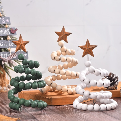Arbre De Noël En Spirale Perles De Bois Décoration De Bureau Avec Étoile En Métal Rouillé Style Nordique
