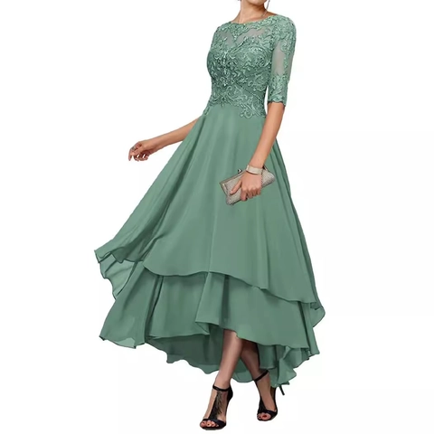 Women's Evening Gown Lace Embroidery High-Low Multi Layer Chiffon Dress Mid Sleeves Party Formal Social Banquet