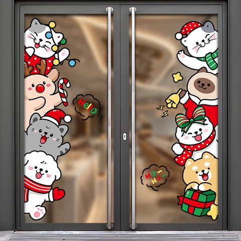 Christmas Window Static Stickers PVC Cartoon Cat Dog Reindeer Double Sided Colored Glass Door Decals Winter Holiday Decor