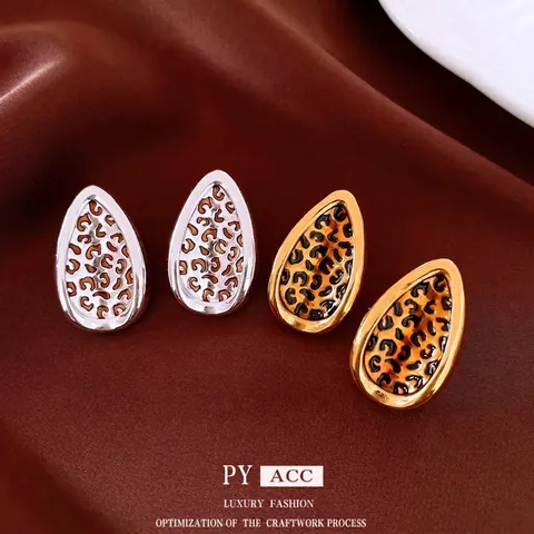 Teardrop Leopard Print Stud Earrings With 925 Sterling Silver Earring Post Retro Alloy Enamel Animal Pattern For Women