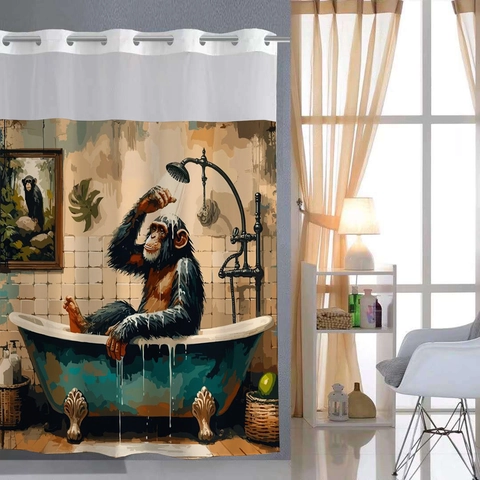 Waterproof Polyester Waffle Weave Shower Curtain With Detachable Snap In Liner Hookless Rings Animal Art Bathroom Decor