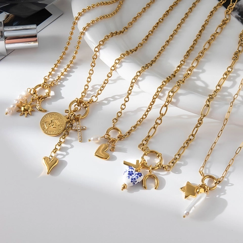 Collana In Acciaio Inossidabile Da Donna Impermeabile Pendente Multistrato Con Perla Artificial Ceramica Cuore Stella Croce Moneta