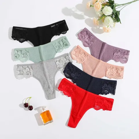 Women Thong Panties Ribbed Cotton Lace Patchwork Low Waist Breathable Sexy T-Back Underwear Soft Ladies Briefs