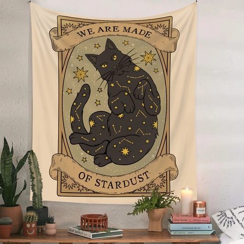 Vintage Cat Tarot Tapestry Mystic Boho Sun Moon Stars Wall Hanging Polyester Fabric Home Room Decor Astrology Magic Art