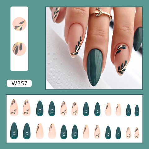 Unghie Finte A Mandorla Press On Verde Scuro Rosa Nude Motivo Foglia Oro Manicure Lucida Per Donne
