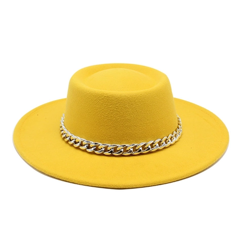 Elegant Flat Top Boater Hat Woolen Felt Wide Brim Fedora With Bold Metal Chain Vintage Style Solid Color For Women