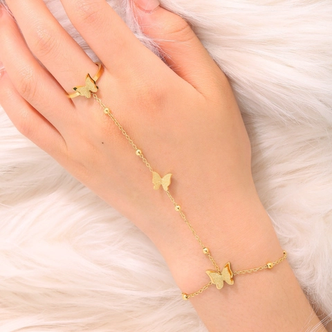 Mode Vergoldete Titanstahl Schmetterling Sklavenarmband Mit Integriertem Ring Handkette Für Damen Minimalistischer Schmuck