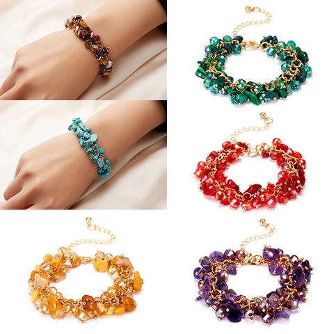 Pulsera Bohemia De Grava De Cristal Natural Piedras Irregulares Cuentas Facetadas Cadena De Aleación Ajustable Joyería