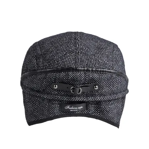 Men Vintage Herringbone Tweed Flat Cap With Foldable Ear Flaps British Style Winter Warm Newsboy Hat Retro Cabbie Cap