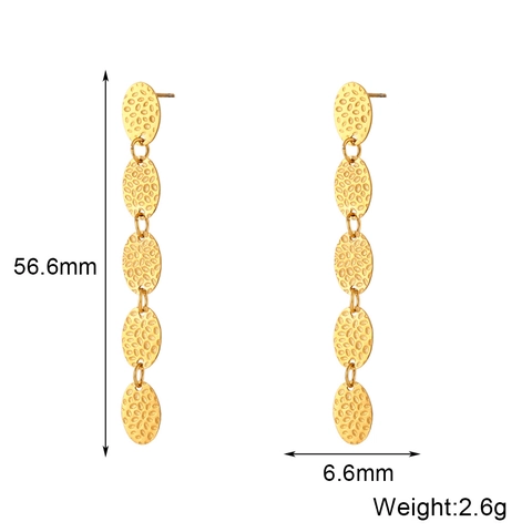 Gehämmerte Ovale Scheiben Lange Hängeohrringe 18K Vergoldeter Edelstahl Geometrischer Texturierter Minimalistischer Schmuck