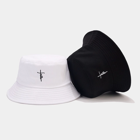 Faith Cross Embroidery Cotton Bucket Hat Unisex Wide Brim Sun Protection Outdoor Casual Streetwear Packable Cap