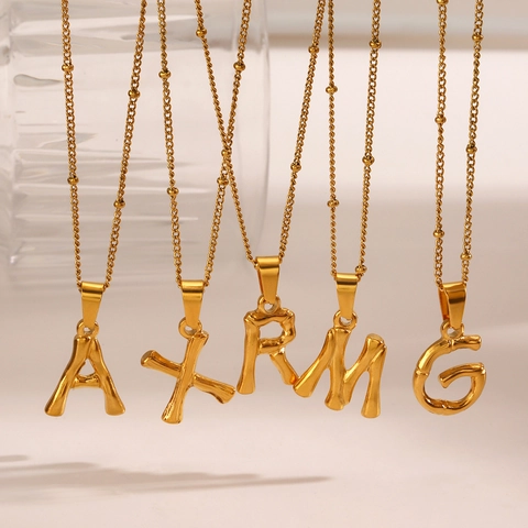 Initial Necklace Stainless Steel Textured Letter Pendant Gold Plated Bamboo Style Clavicle Chain For Women
