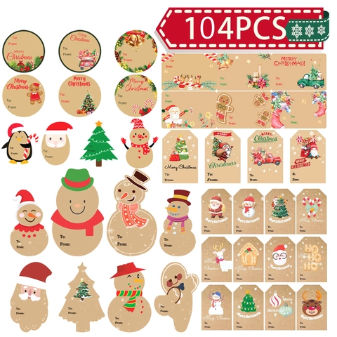 Pegatinas Regalo Navidad Etiquetas Adhesivas Envoltorio Vacaciones Estilo Papel Kraft Motivos Papá Noel Muñeco Nieve
