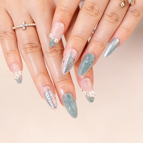 3D Blumen Und Künstliche Perlen Press On Nails Mandelform Cat Eye Morandi Grün Gradient Silber Schmetterling Falsche Nägel Für Damen