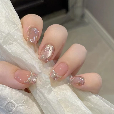 Press On Nails Frans Bloemen Cat Eye Ontwerp Met Imitatieparel Strass Kort Vierkant Ovaal Elegant Kunstnagels Dames