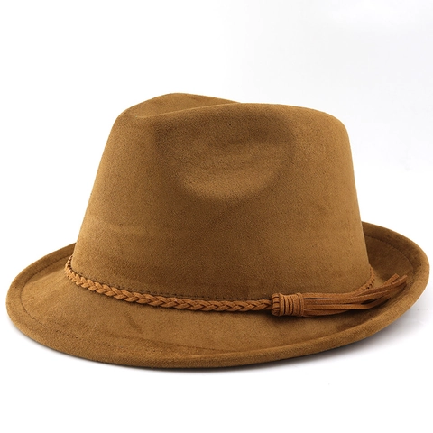 Cappello Fedora Scamosciato Sintetico Stile Cowboy Western Con Banda Intrecciata E Nappa Tesa Larga Retro Etnico Unisex