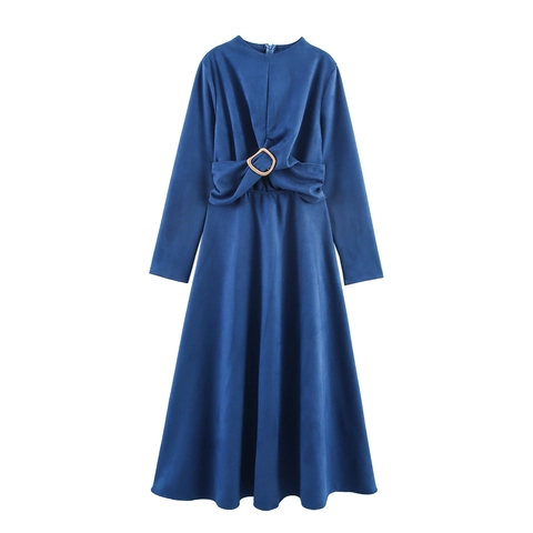 Elegant Long Sleeve Maxi Dress For Women Suede Texture High Waist With Metal Buckle Solid Color British Style