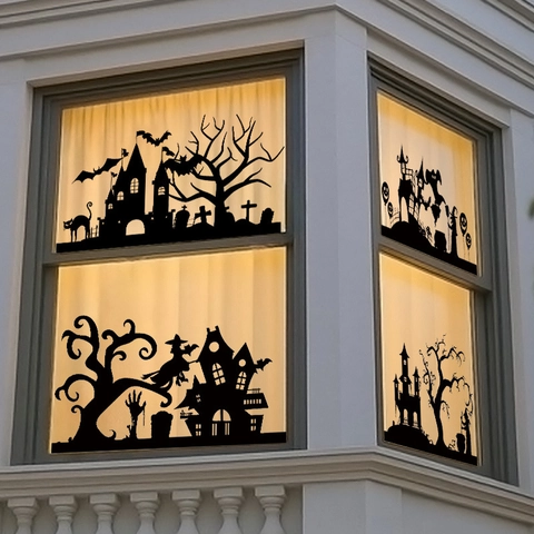 Halloween Wandaufkleber Fensterbilder PVC Selbstklebend Silhouette Fledermaus Schloss Hexe Kürbis Festliche Heimdekoration