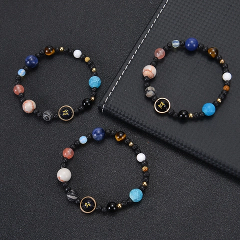 Twelve Zodiac Eight Planets Solar System Beaded Bracelet Natural Stone Lava Rock Tiger Eye Blue Sandstone Universe Jewelry