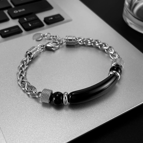 Bracciale Da Uomo In Acciaio Inossidabile Con Pietra Occhio Di Tigre Agata Nera Catena Intrecciata Retro Hip Hop