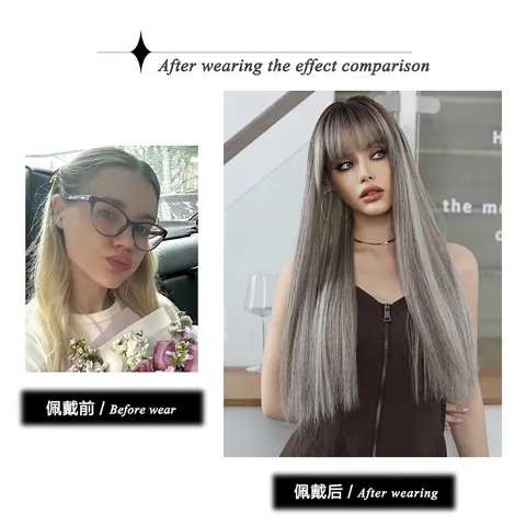 Parrucca Lunga Liscia Da Donna Con Frangia Fibra Sintetica Resistente Al Calore Ombre Look Naturale Cosplay