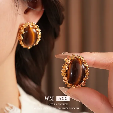 Vintage Oval Tiger Eye Stone Stud Earrings With Golden Textured Alloy Border And Silver Earring Post For Women
