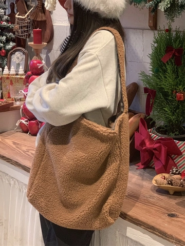 Borsa Tote Grande Da Donna Peluche Teddy Fleece Feltro Di Lana Fodera A Quadri Borsa A Spalla Inverno Natale