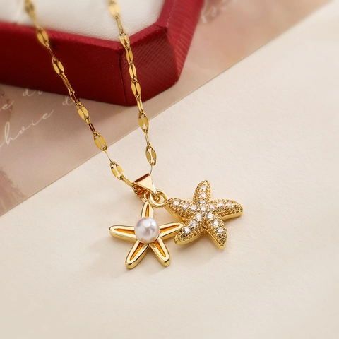 Collana Con Pendente Doppia Stella Marina In Rame Placcato Oro 18K Con Zircone E Perla Artificial Elegante Catena Da Clavicola Per Donna