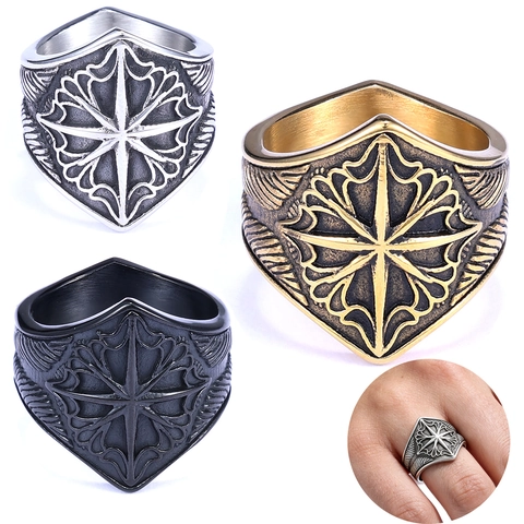 Herren Wikinger Achtzackiger Stern Kompass Ring Edelstahl Schild Retro Vintage Punk Gothic Schmuck