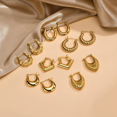 Geometric Hoop Earrings For Women Stainless Steel IP Gold Plated Minimalist Bamboo Croissant Design Jewelry Accessories