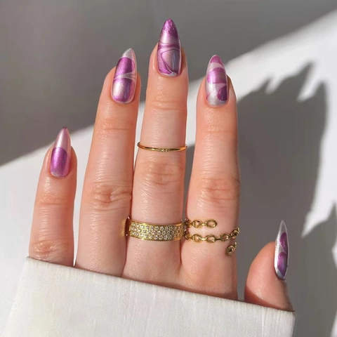 Uñas Postizas Con Textura De Mármol Púrpura Y Blanco Forma De Almendra Plástico ABS Uñas Artificiales Brillantes Para Mujer DIY