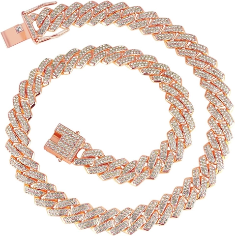Hip Hop Iced Out Cuban Link Necklace Zinc Alloy Rhinestone Gold Silver Color Trendy Rhombus Chain Jewelry For Men Women