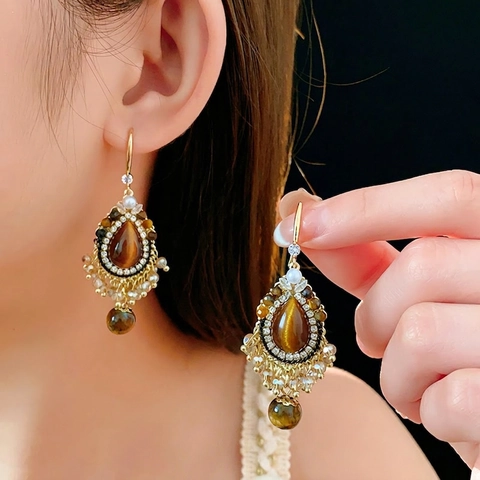 Orecchini Pendenti Vintage Occhio Di Tigre Lega Zircone Perla Artificial Sintetica Stile Palazzo Con Perno In Acciaio Donna