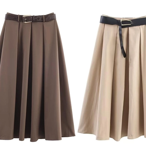 Women High Waist Pleated Midi Skirt With Belt Elegant Solid Color A-Line Flare Long Skirt Polyester
